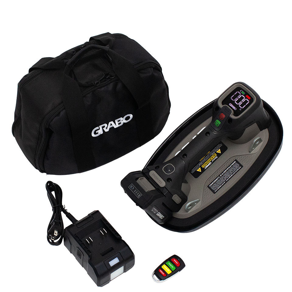 GRABO battery pack with charger, cable, and carrying case on a white background