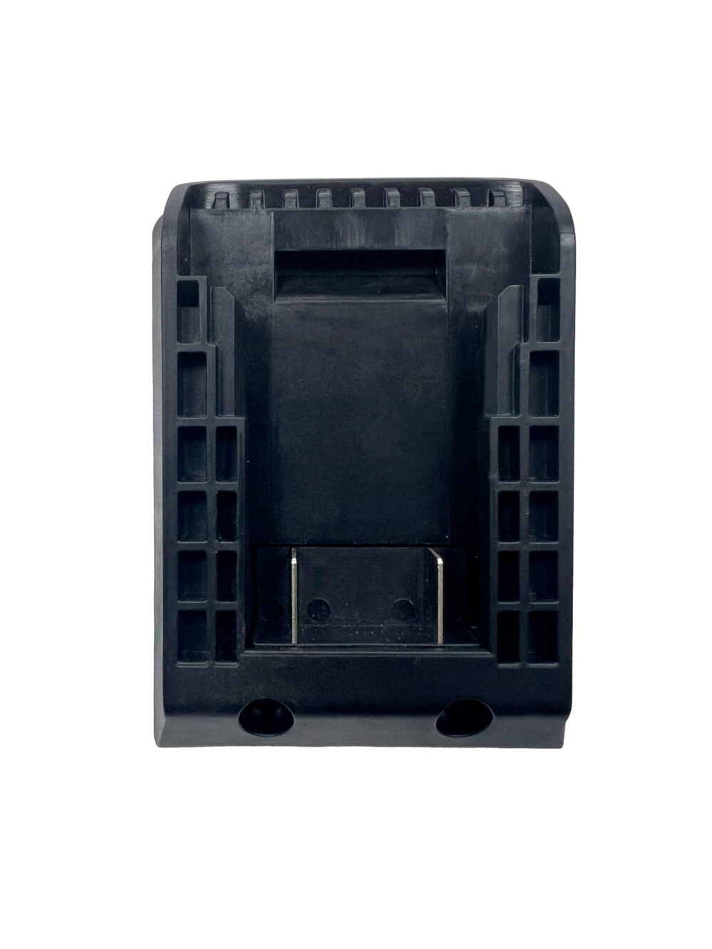 Black plastic Dewalt Battery Adapter on a white background