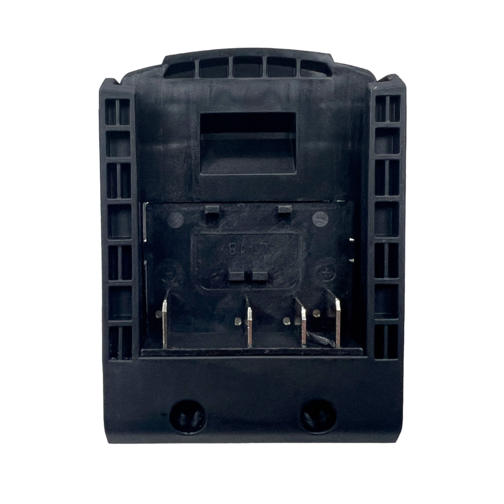A black plastic batteey adapter metal contact pins visible at the bottom, isolated on a white background.
