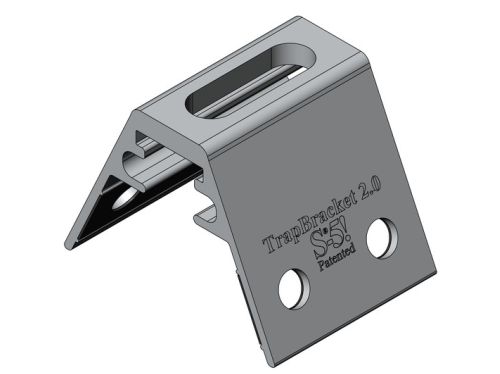 A 3D rendered image of the S5 TrapBracket KS1000RW 2.0, showing a metallic silver bracket with pre-punched holes and notches for mounting.