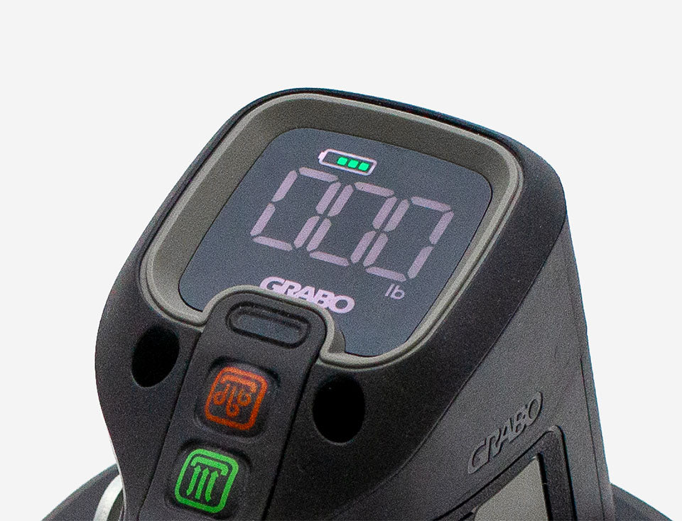 Digital weight display on a Grabo Pro product with a white background